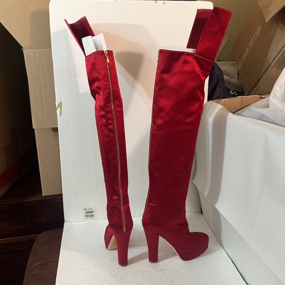 38.5/8❤️CHANEL Runway Red Satin Leather OVER THE KNEE HIGH HEEL Platform BOOTS - Picture 11 of 15
